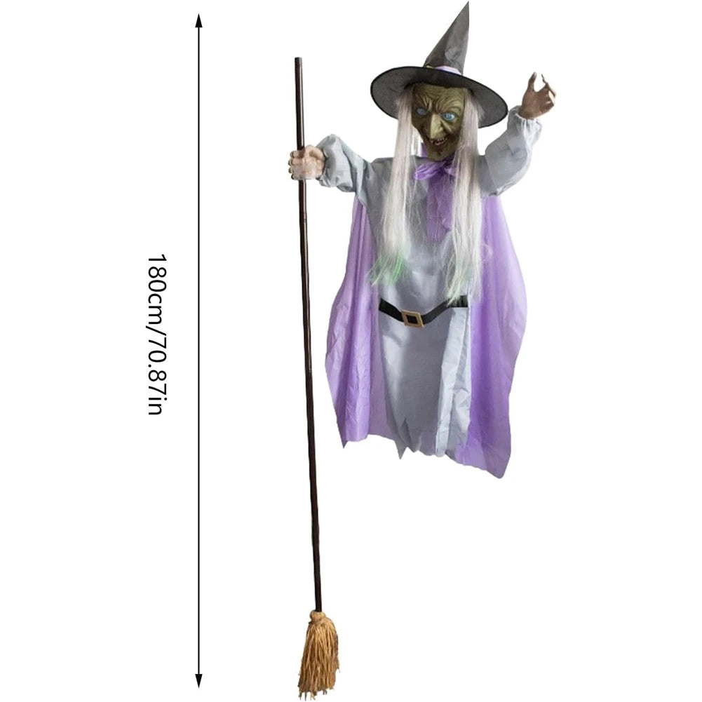 Halloween Animatronic Flying Witch On Broom Luminous Eyes