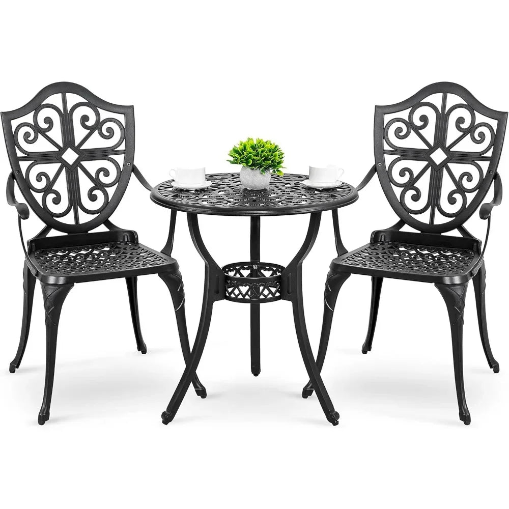 3 Piece Patio Cast Aluminum Bistro Set With Umbrella Hole Table And Chairs