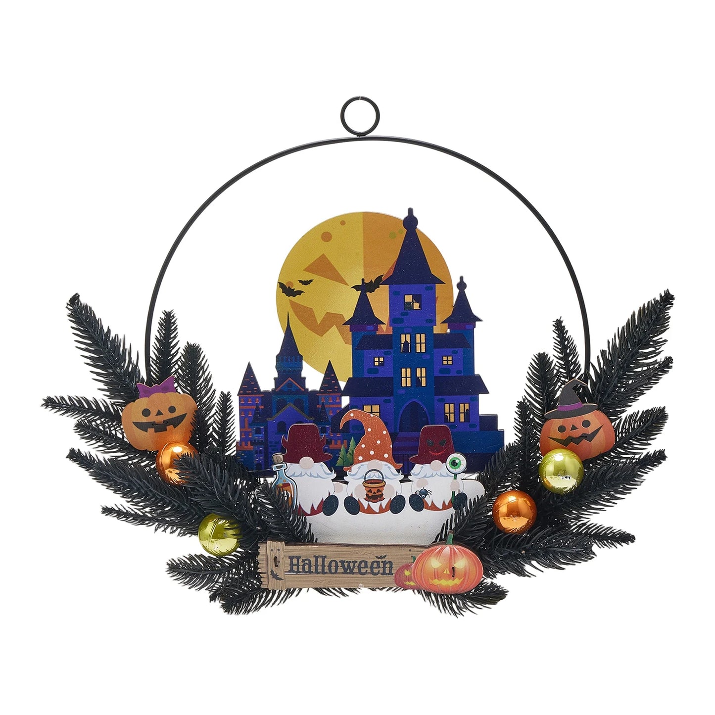Spooky Halloween Hanging Sign with Glowing LED Lights Haunted House and Ghostly Pumpkin Design Perfect for Front Door Decoration