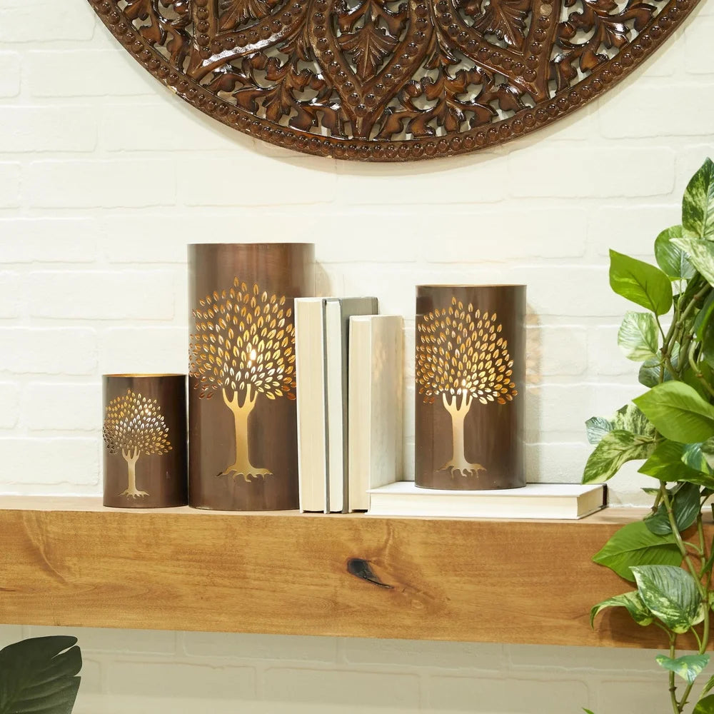 Copper Tree Lantern Set 3 Metal Holders for Pillar Candles