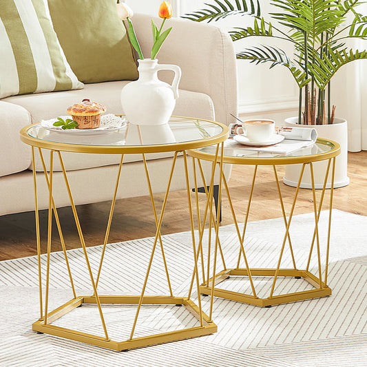 HOOBRO Modern Gold Round Glass Coffee End Tables Set of 2