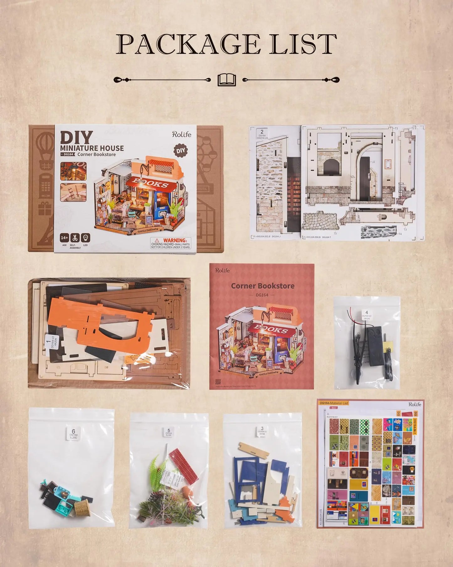 Robotime Miniature Dollhouse Kit Corner Bookstore With Led For DIY Craft