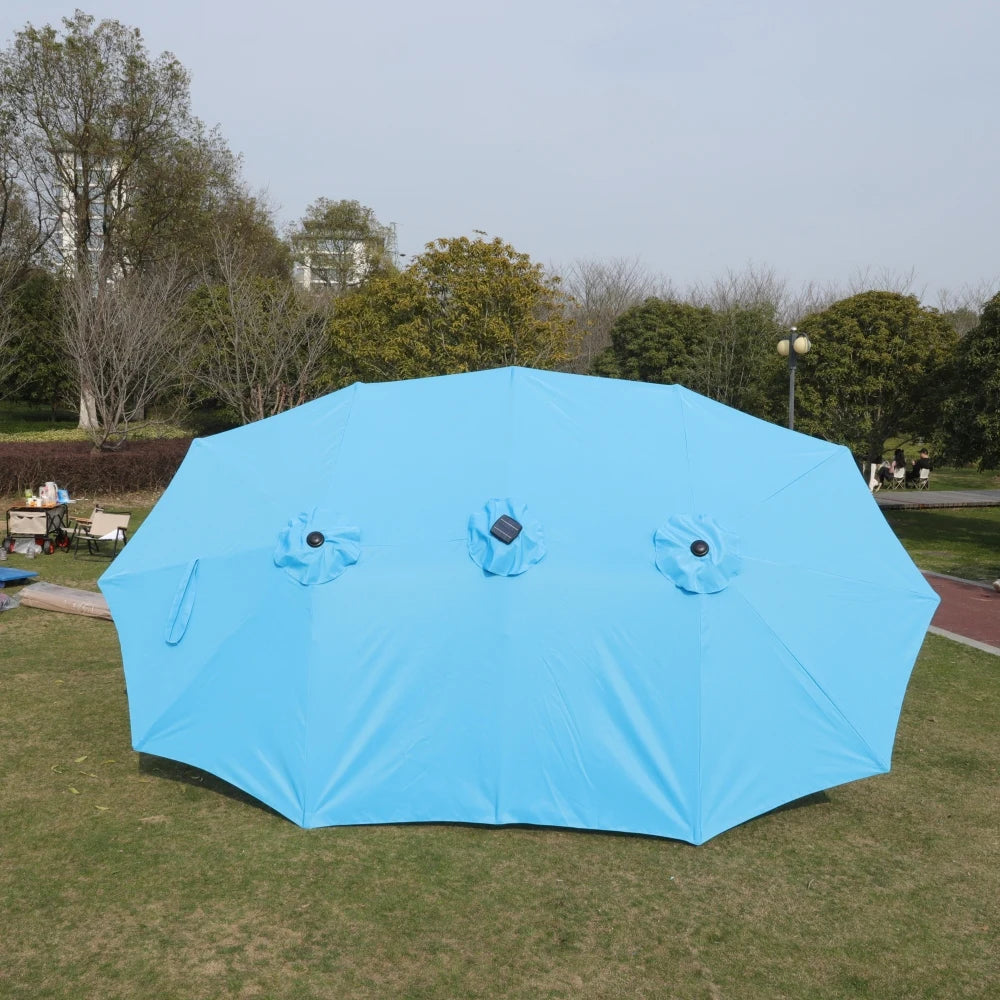 15 X 9 Ft Large Double Sided Rectangular Outdoor Twin Patio Umbrella With LED Light And Base Blue