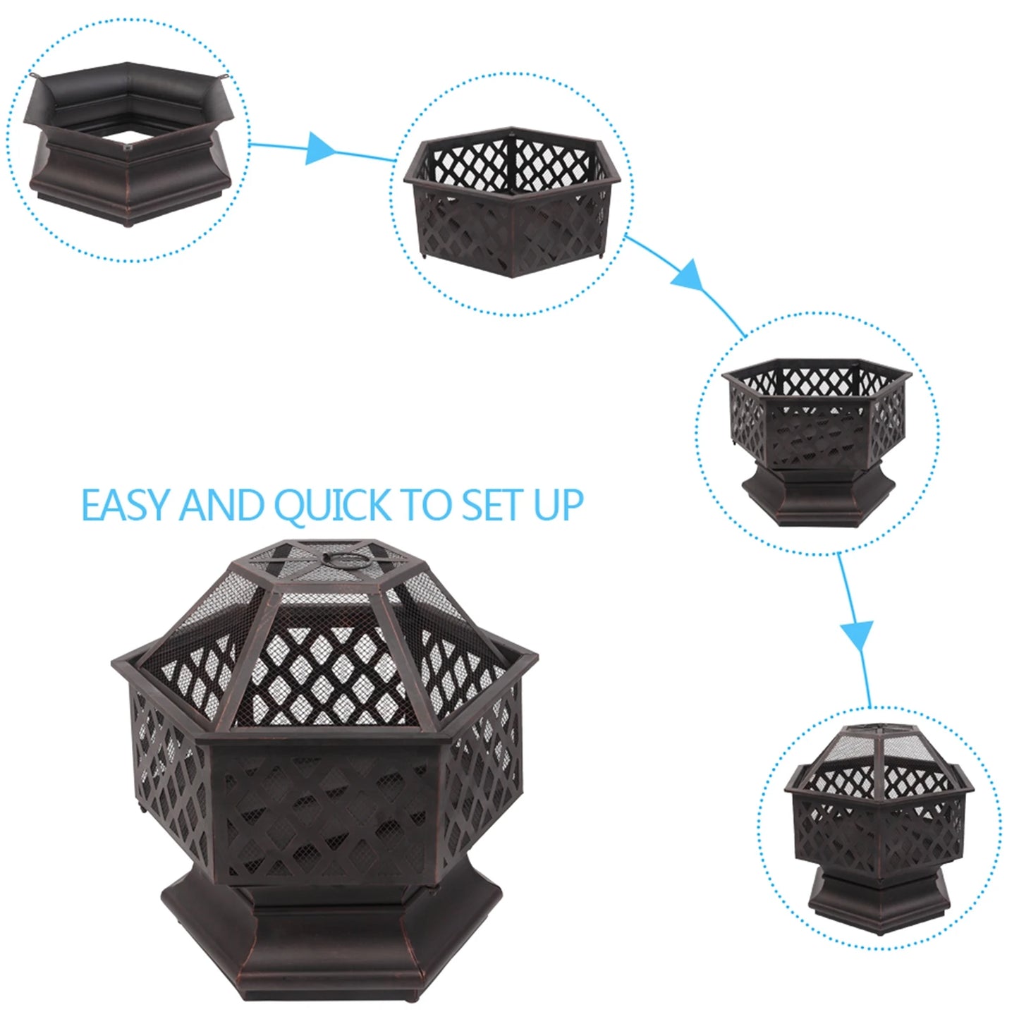 22 Inch Hexagonal Iron Brazier Wood Burning Fire Pit
