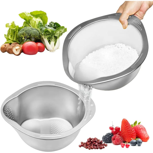 Stainless Steel Rice Washer Strainer Bowl With Side Drainers