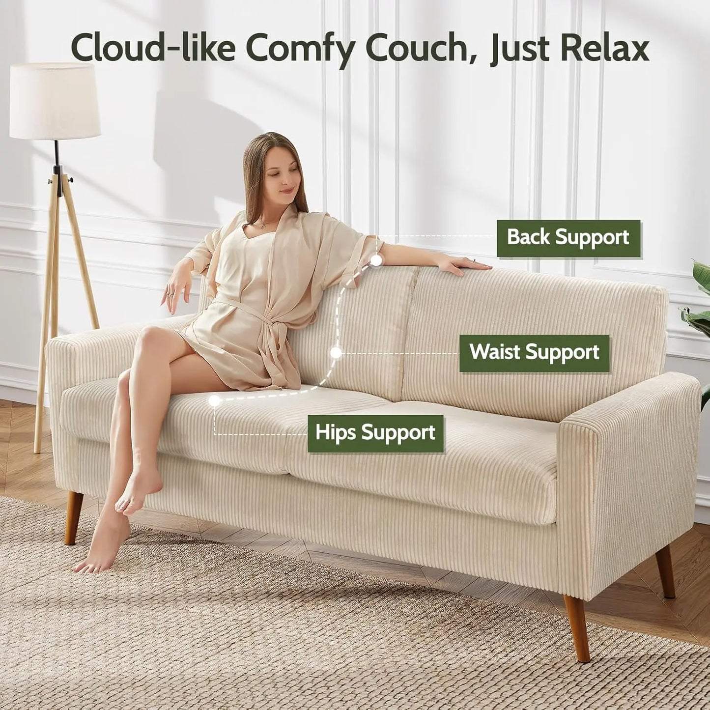 68 Inch Beige Corduroy Loveseat Sofa Mid Century Modern Small Love Seat