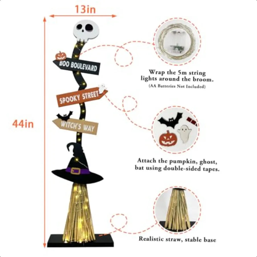 Lighted Halloween Wooden Witch Broom Indoor Outdoor Decor