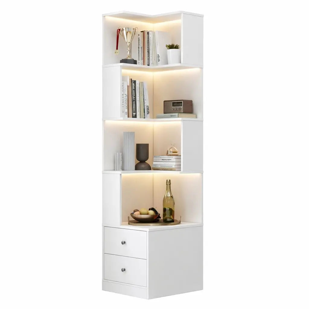 Arvolia 4 Tier Corner Bookshelf With Drawers And LED Lights L Shaped Shelf