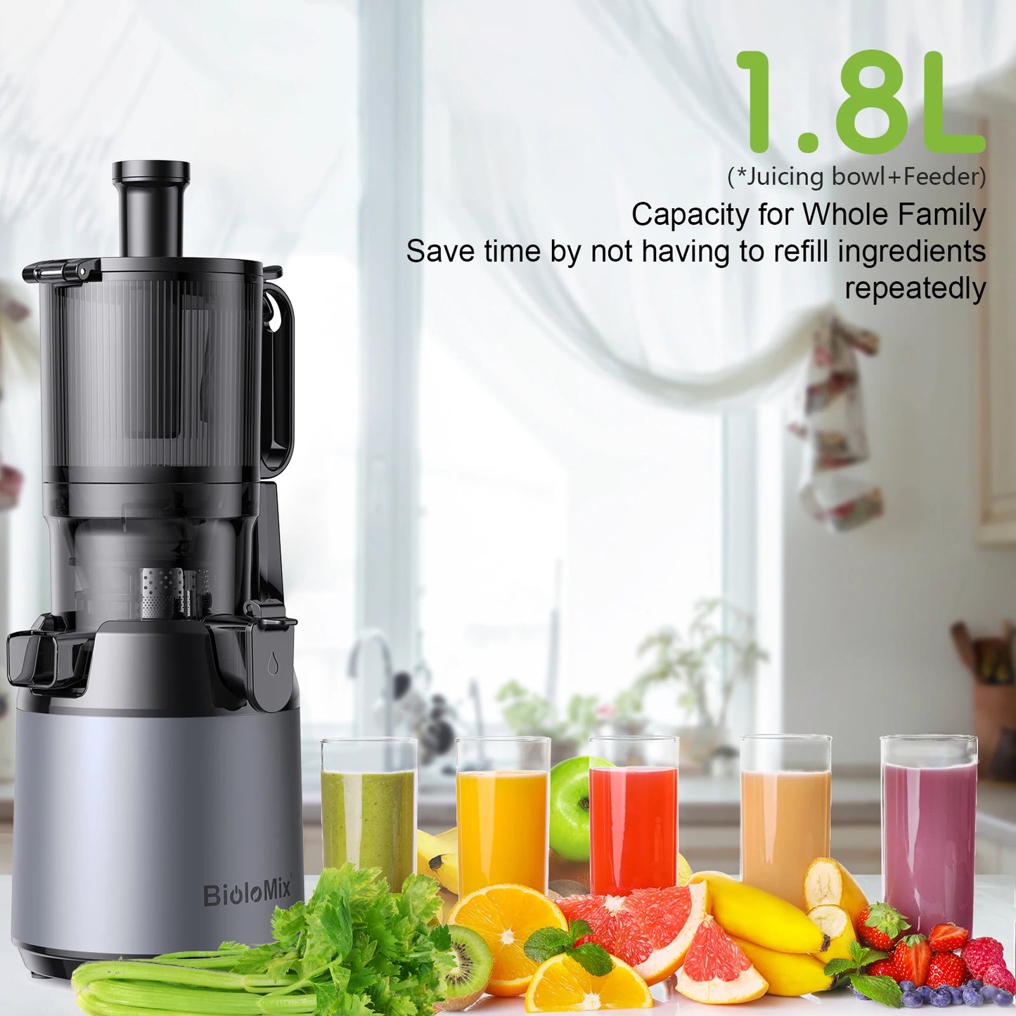 BioloMix Cold Press Juicer 130mm Feed Chute Whole Fruits Vegetables High Juice Yield BPA Free Slow Masticating Juicer