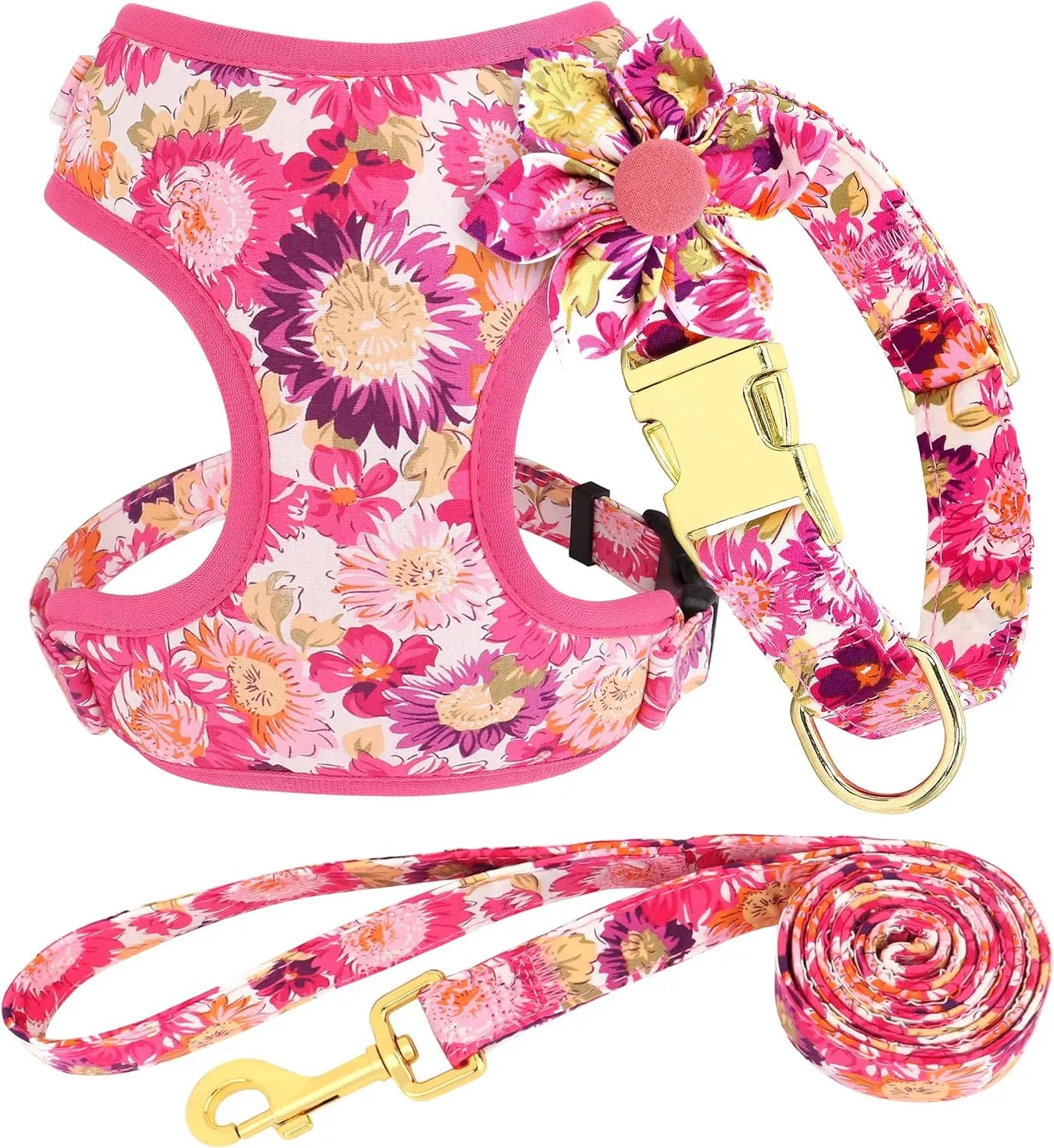 Flower Dog Collar Harness And Leash Set Adjustable Pink Mesh Vest