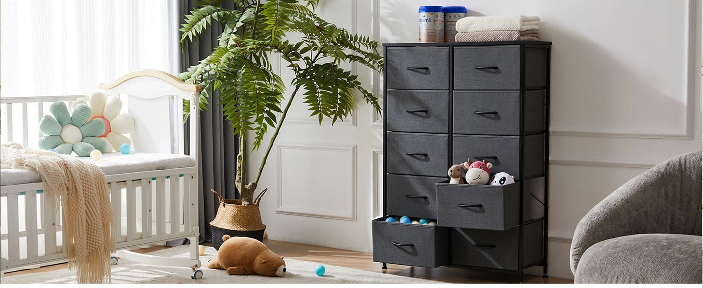 JHK Bedside Table With 10 Fabric Drawers Steel Frame