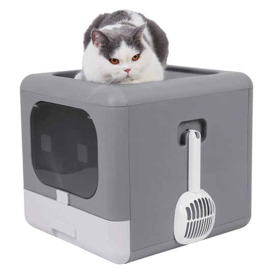 Cat Litter Box With Scoop And Tray Sifting Enclosed Foldable Front Entry Kitten