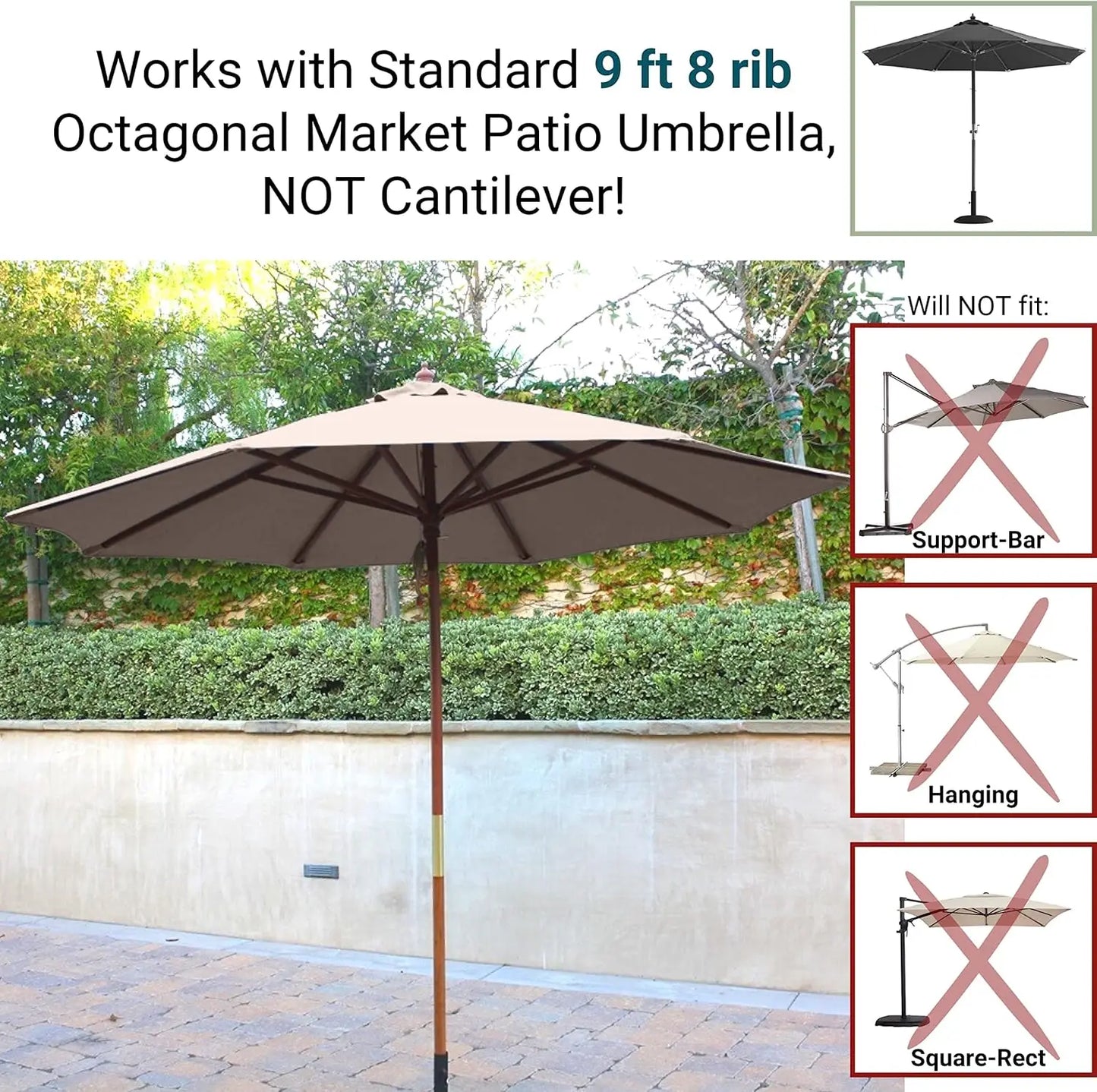 9ft Market Umbrella Replacement Canopy Taupe 8 Ribs 300D UV Protective Fabric