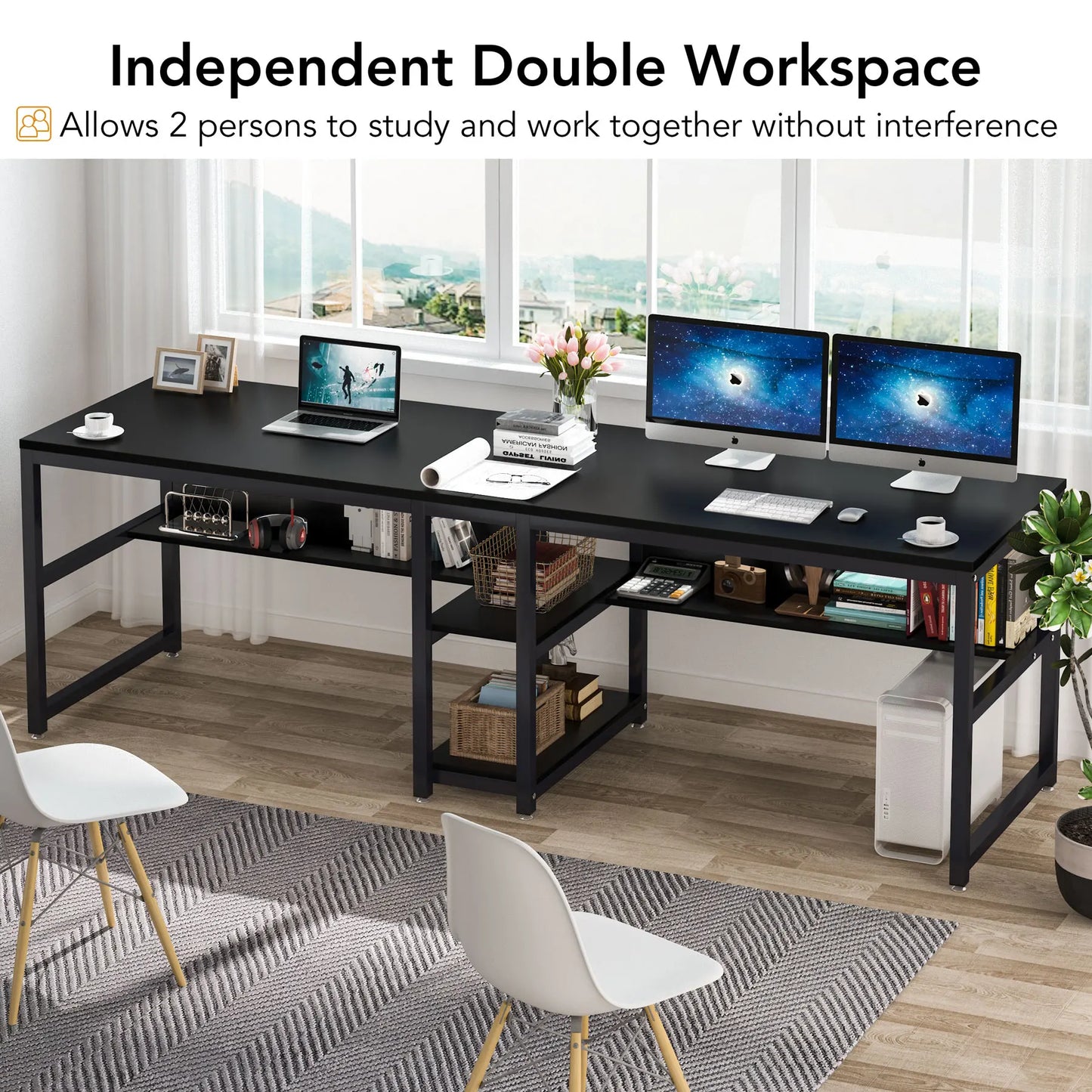 Tribesigns Two Person Desk With Bookshelf 78.7 Inch Rustic Double Computer Desk