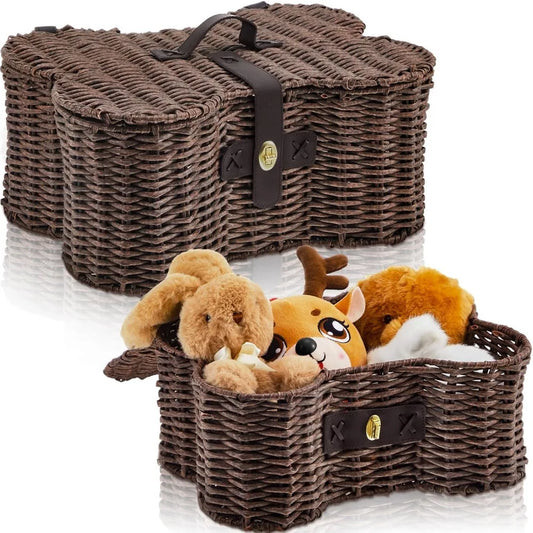 2 Set Large Small Dog Toy Basket Lid Bone Shaped Wicker