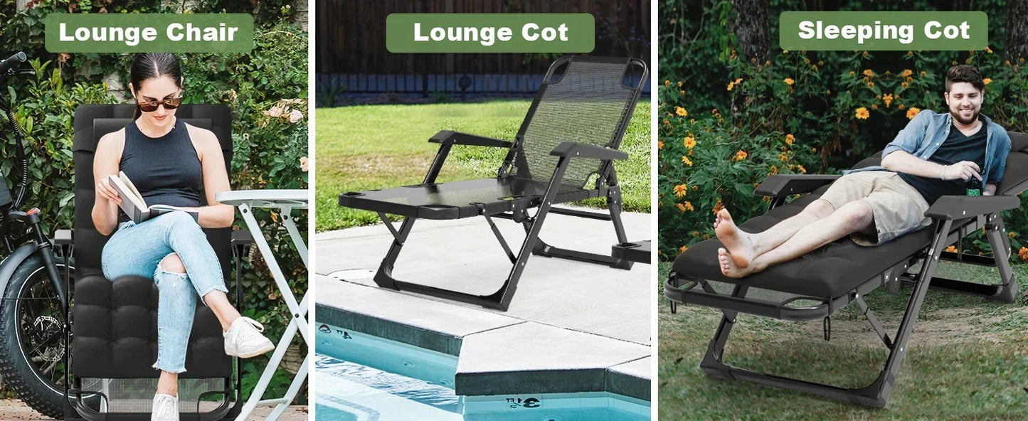 3 In 1 Oversized Folding Camping Cot 29 Inch Adjustable XL Patio Chaise Lounge Chair Sleeping Cots for Adults