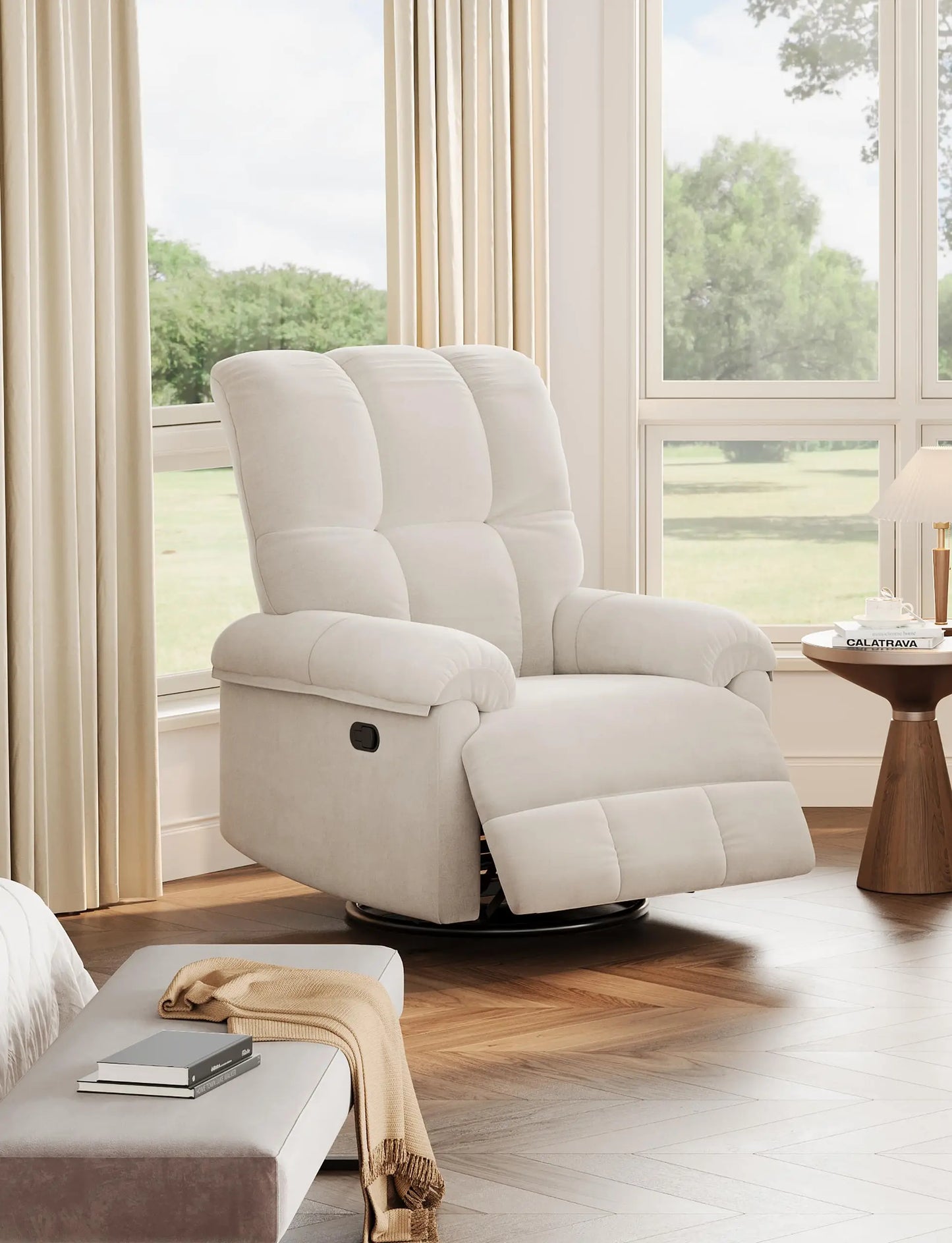 Oversized Overstuffed Chenille Recliner With Swivel Rocker And Padded Armrests