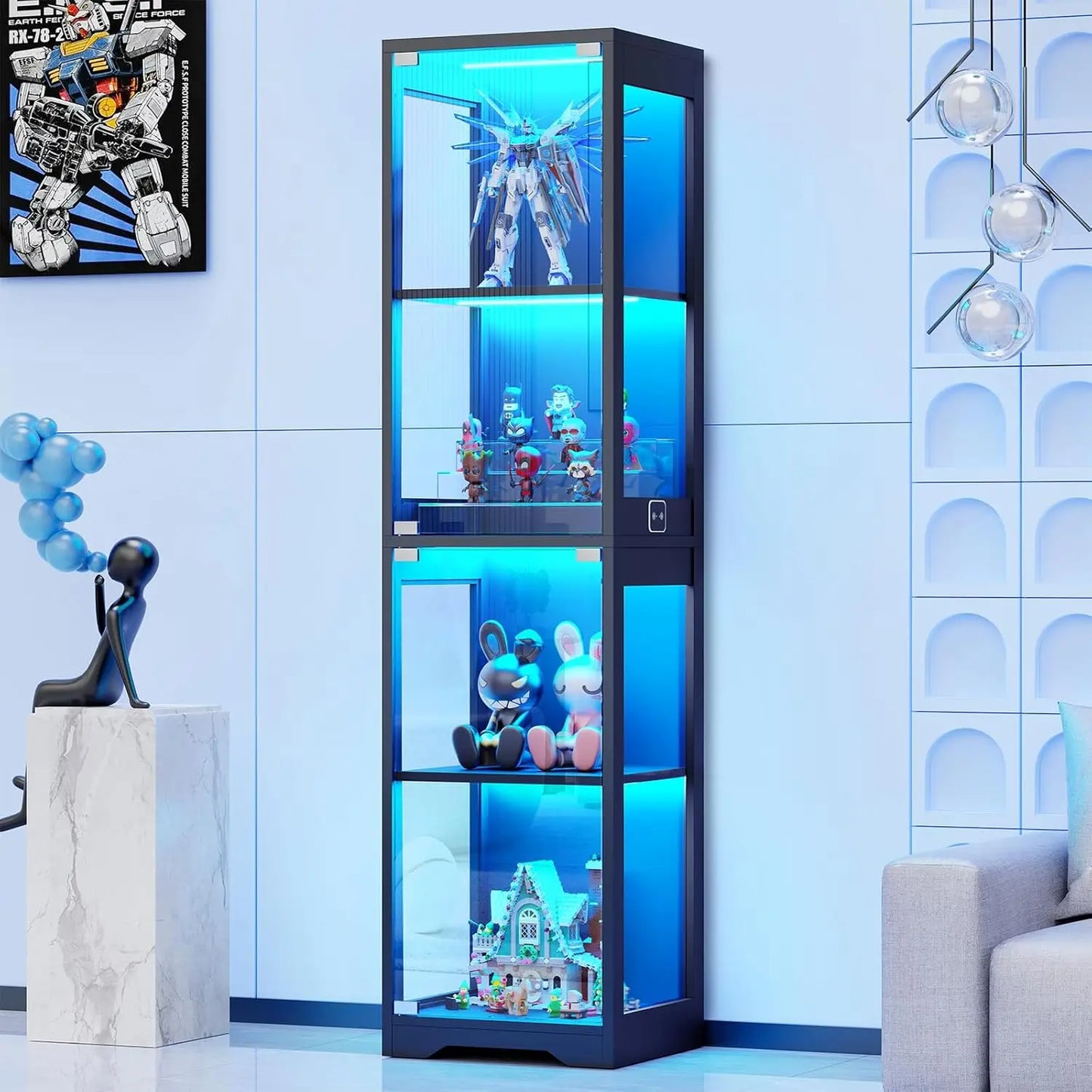 4-Tier Glass Display Cabinet With Adjustable LED Lights And Sensor Black
