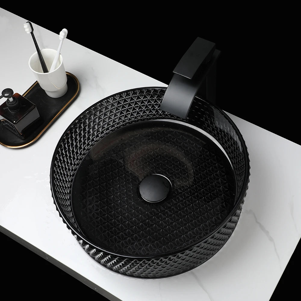ZAPPO Black Glass Vessel Sink With Deck Mount Faucet