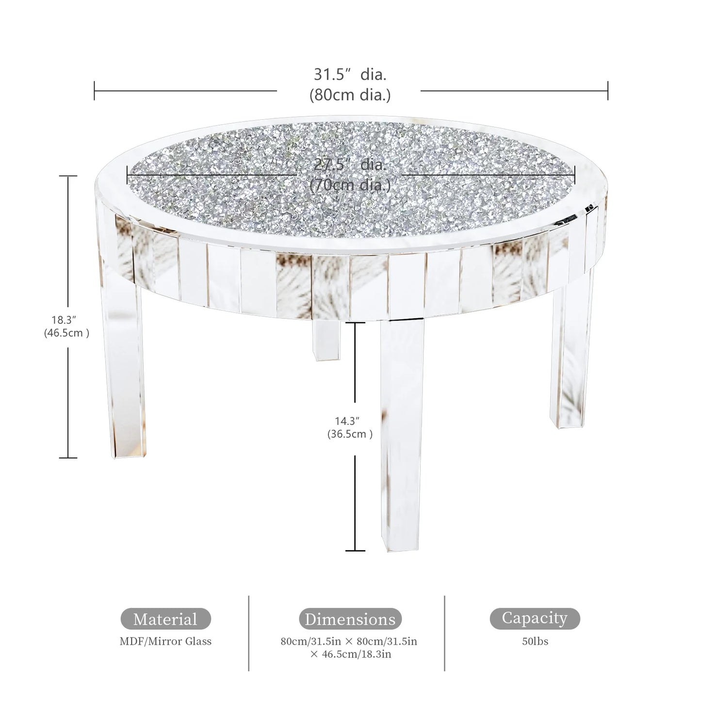 Mirrored Coffee Table Crystal Inlay 31 5 Inch Modern Round