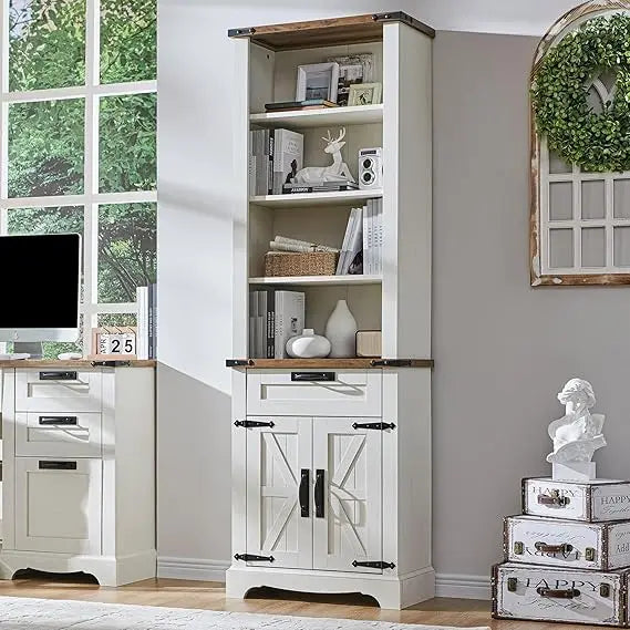 72 Inch Tall Farmhouse Style Bookshelf With Storage And Adjustable Shelves