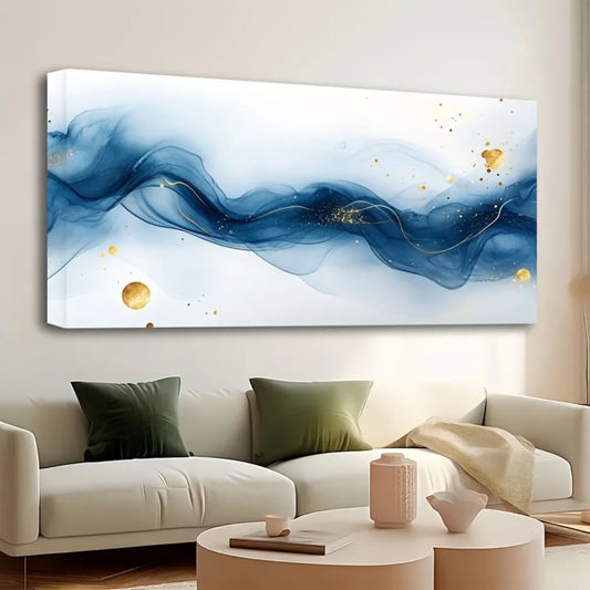 1.5 Inch Thick Pine Solid Wood Frame Large Abstract Gold and Blue Gradient Painting Living Room Wall Art Interior Decoration