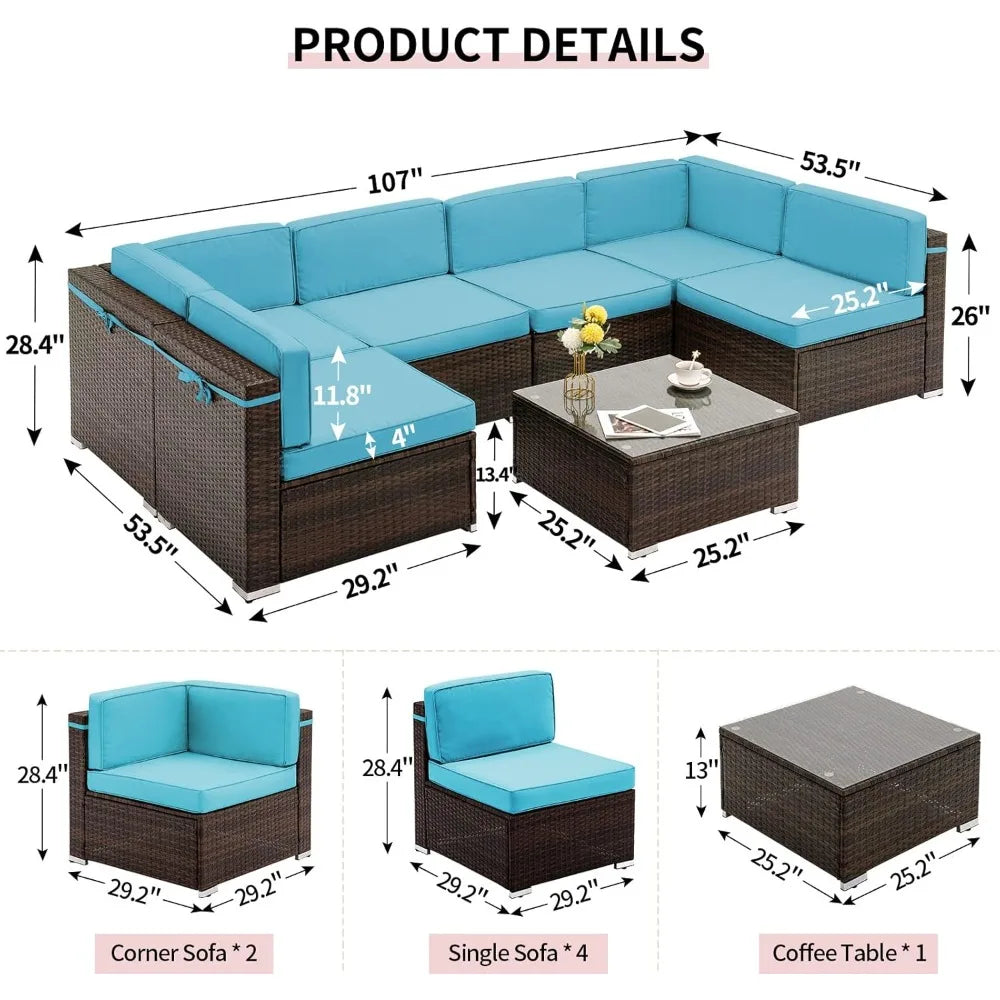 Outdoor Patio Furniture Set 7 Pieces Sectional PE Rattan Sofa Waterproof Cover