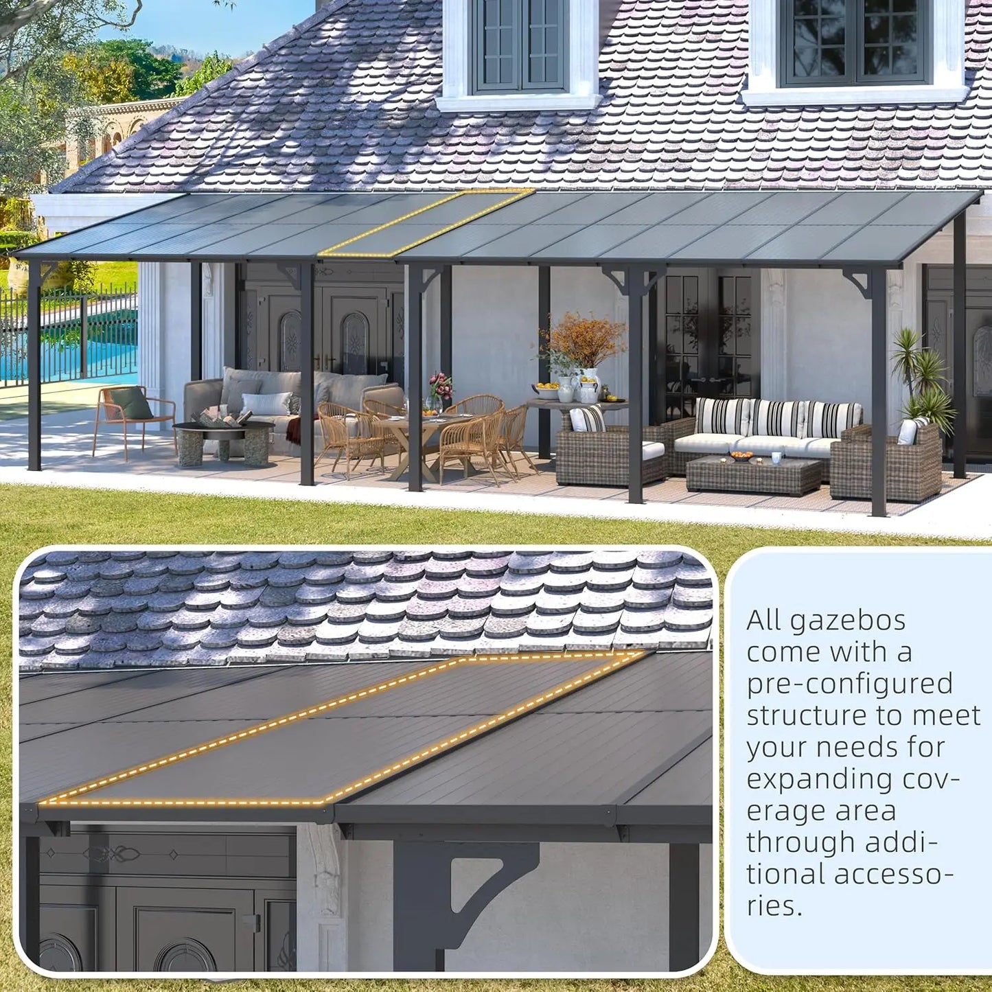 14x10 Patio Gazebo Hard Top Lean To Pergola Aluminum Frame 140 Sq Ft Shade