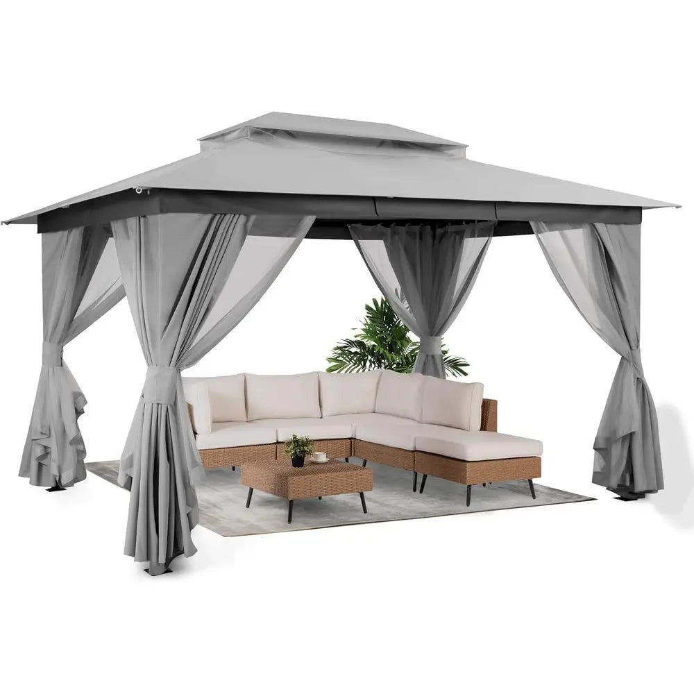 Durable 10x13 Outdoor Gazebo Double Roof Mosquito Netting Privacy Screen Gray