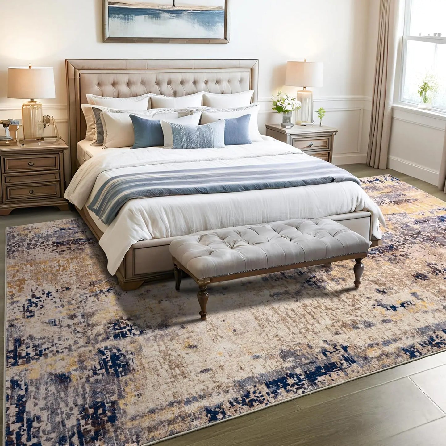 Living Room Area Rugs Soft Large Modern Abstract Boho Vintage Machine Washable Non Slip Carpet Low Pile Rug