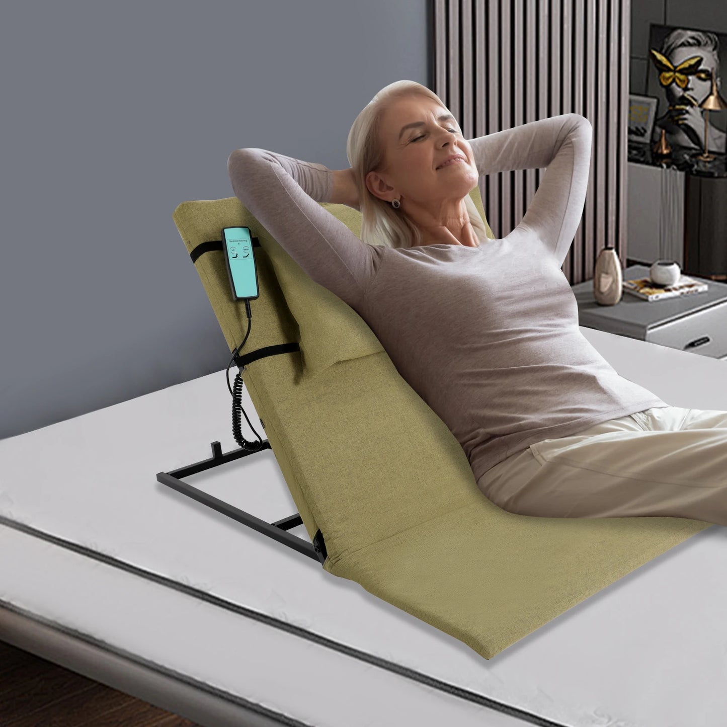 2-80 Degree Electric Lifting Backrest with Short Cushion and Headrest Grey Green Wired Remote Control Bed Backrest for Reading