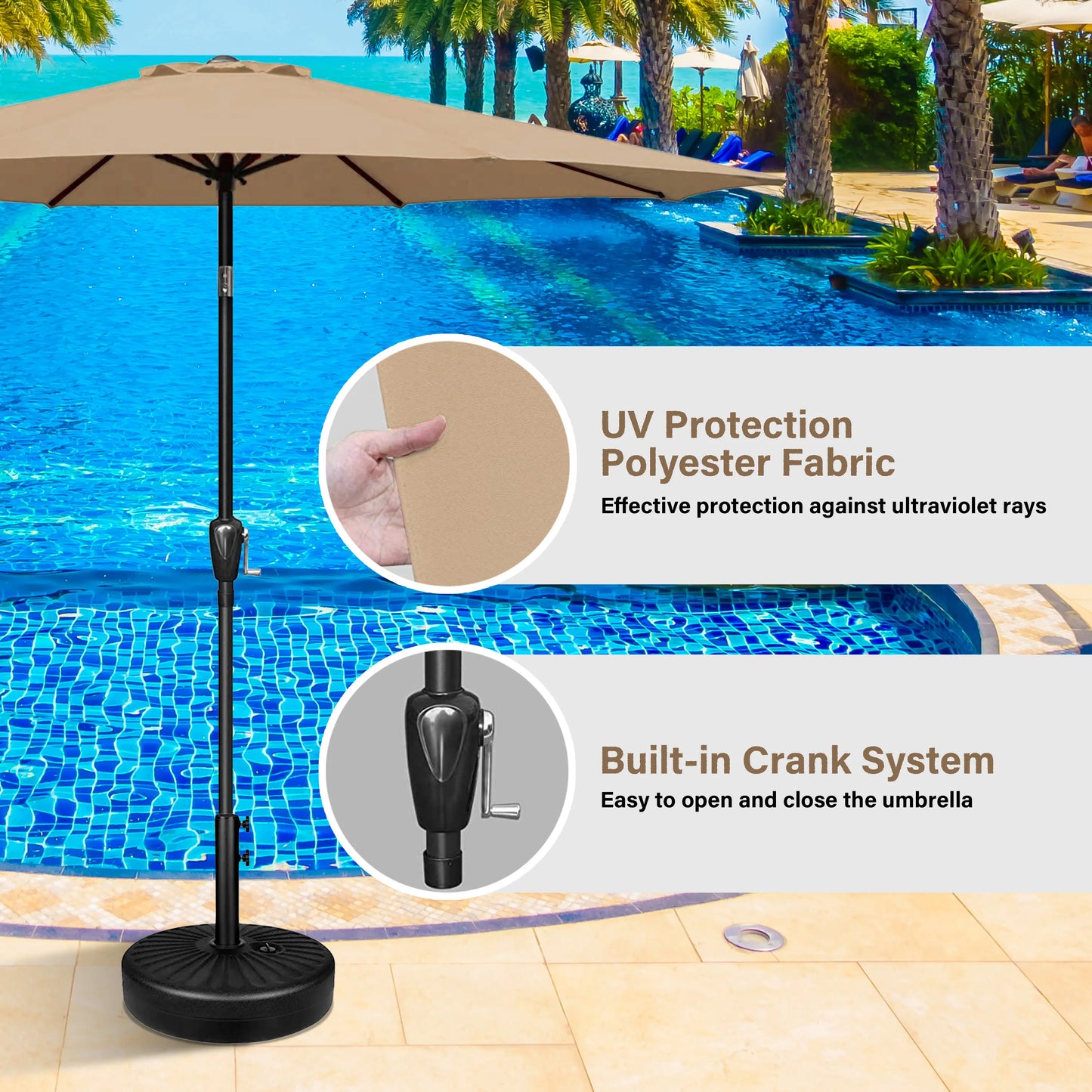 9 Ft Outdoor Patio Umbrella Market Table Umbrella With 8 Sturdy Ribs Push Button Tilt And Crank Waterproof UV Resistant Polyester For Garden Yard Pool