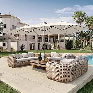 15Ft Double Sided Patio Umbrella With Base Included Large Outdoor Market Umbrella With Crank Handle UV Resistant Canopy Sturdy Alloy Steel Rectangular Aqua Blue