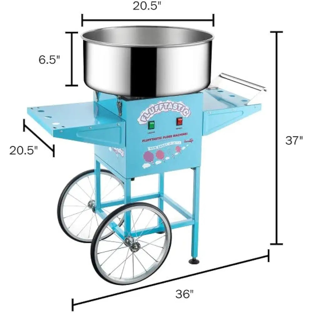 Cotton Candy Machine Cart 1000W Portable Floss Maker with Stainless Steel Pan Side Trays and 13 Inch Wheels for Parties and Events