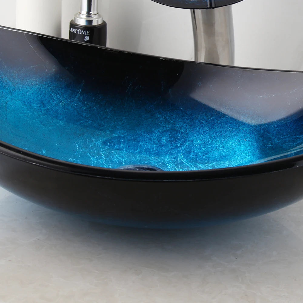 ZAPPO Tempered Glass Vessel Sink With Waterfall Faucet Blue