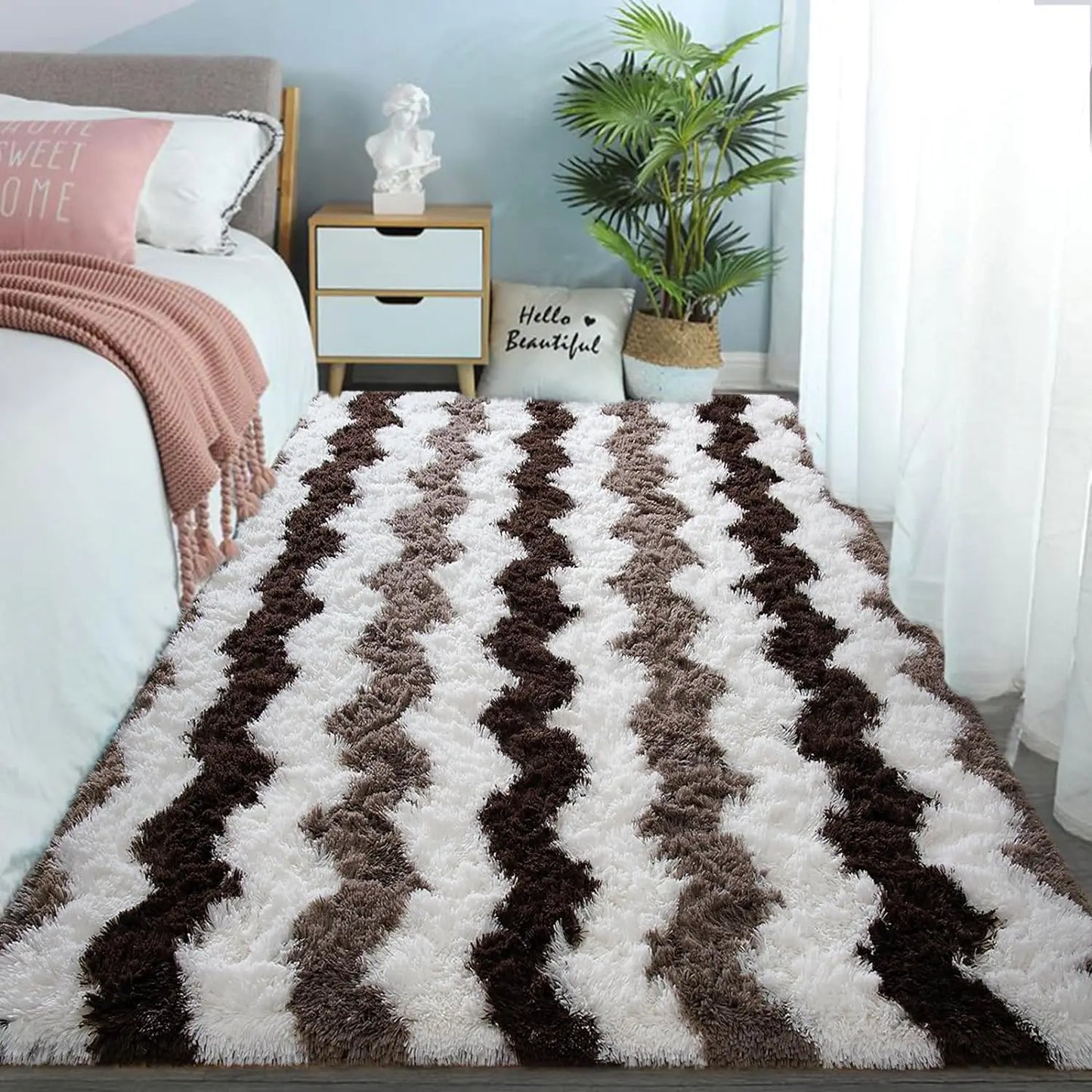 Soft Shaggy Rugs Plush Area Rugs for Living Room Bedroom Fluffy Carpets Home Decor 5x8ft Stripe Brown