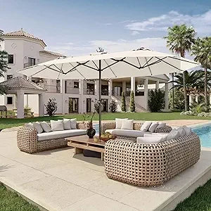 15Ft Double Sided Patio Umbrella With Base Included Large Outdoor Market Umbrella With Crank Handle UV Resistant Canopy Sturdy Alloy Steel Rectangular Aqua Blue