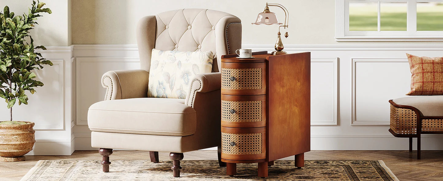 Solid Wood End Table Nightstand Vintage Embossed Handles