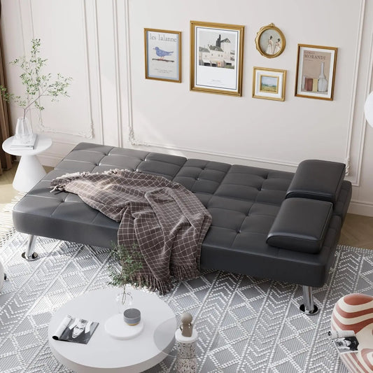 Folding Futon Sofa Bed Sleeper Couch Faux Leather Loveseat