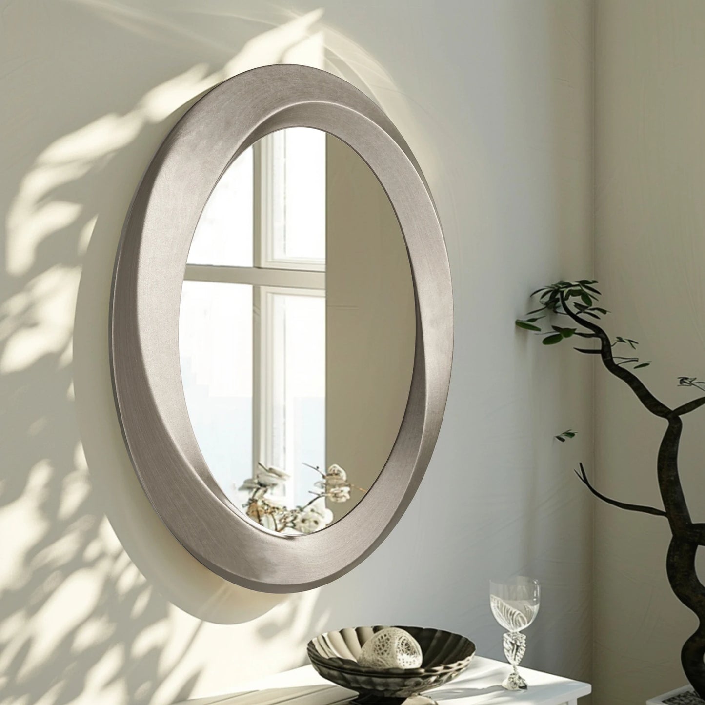 Large Oval Baroque Wall Mirror Silver Glass Vanity with Brass Edge Frame for Modern Minimalist Home Decor 32x24 Inch