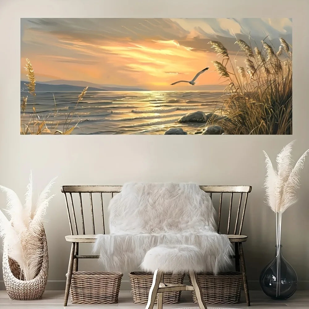 Sunset Beach Art Canvas Seascape Painting With 1.5 Inch Thick Pine Wood Frame