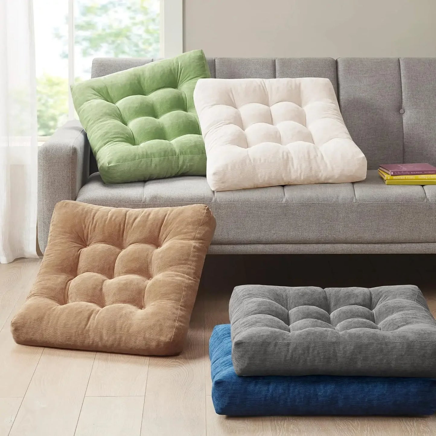 Floor Pillow Set of 2 Square Large Pillows for Adults Tufted Corduroy Cushion for Outdoor Balcony and Living Room