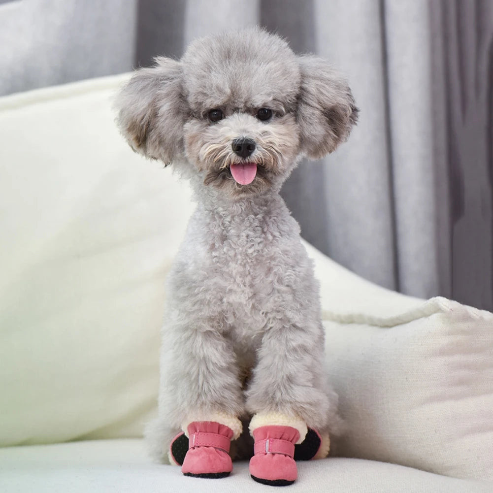 4 Pcs Pet Dog Snow Boots Warm Plush Shoes Small Medium Dogs Cats Non Slip Soles