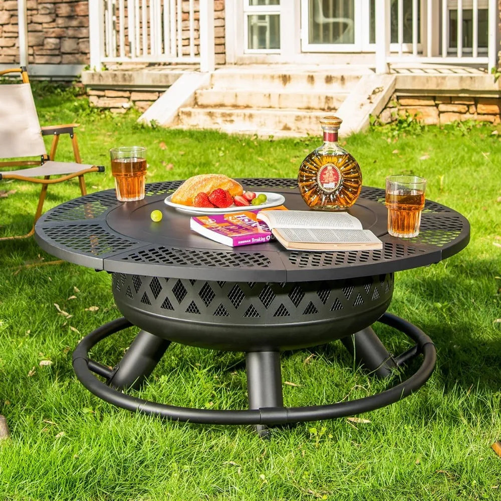 36 Inch Round Fire Pit Grill And Lid Wood Burning 3 In 1
