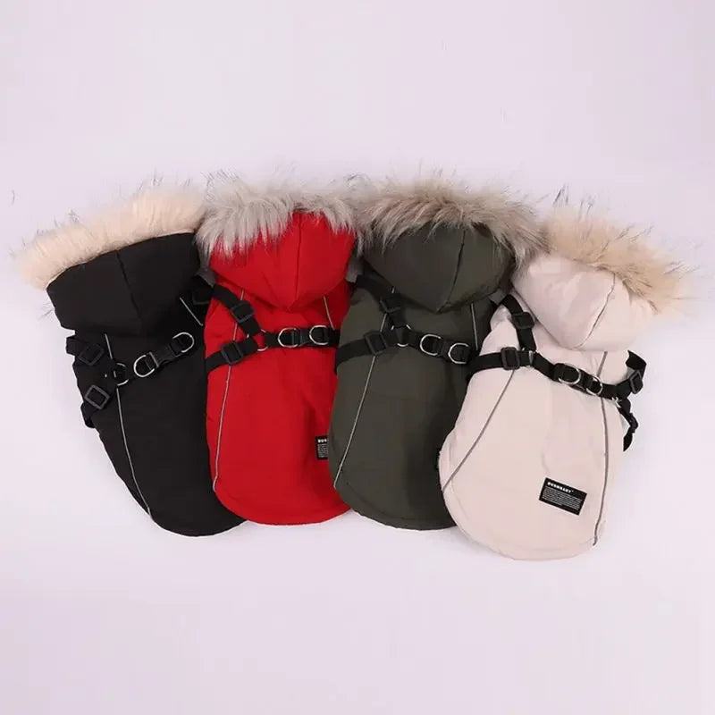Winter Dog Coat With Harness Waterproof Hooded Jacket For Small Medium Dogs
