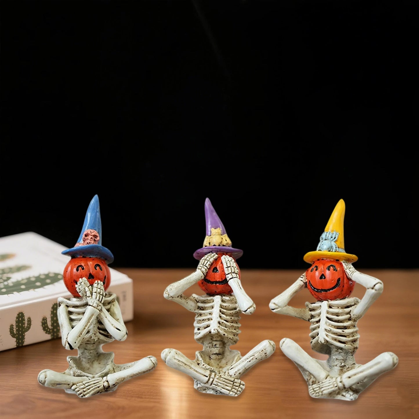 Haunted Skeleton Trio With Skulls And Black Cat Figurines