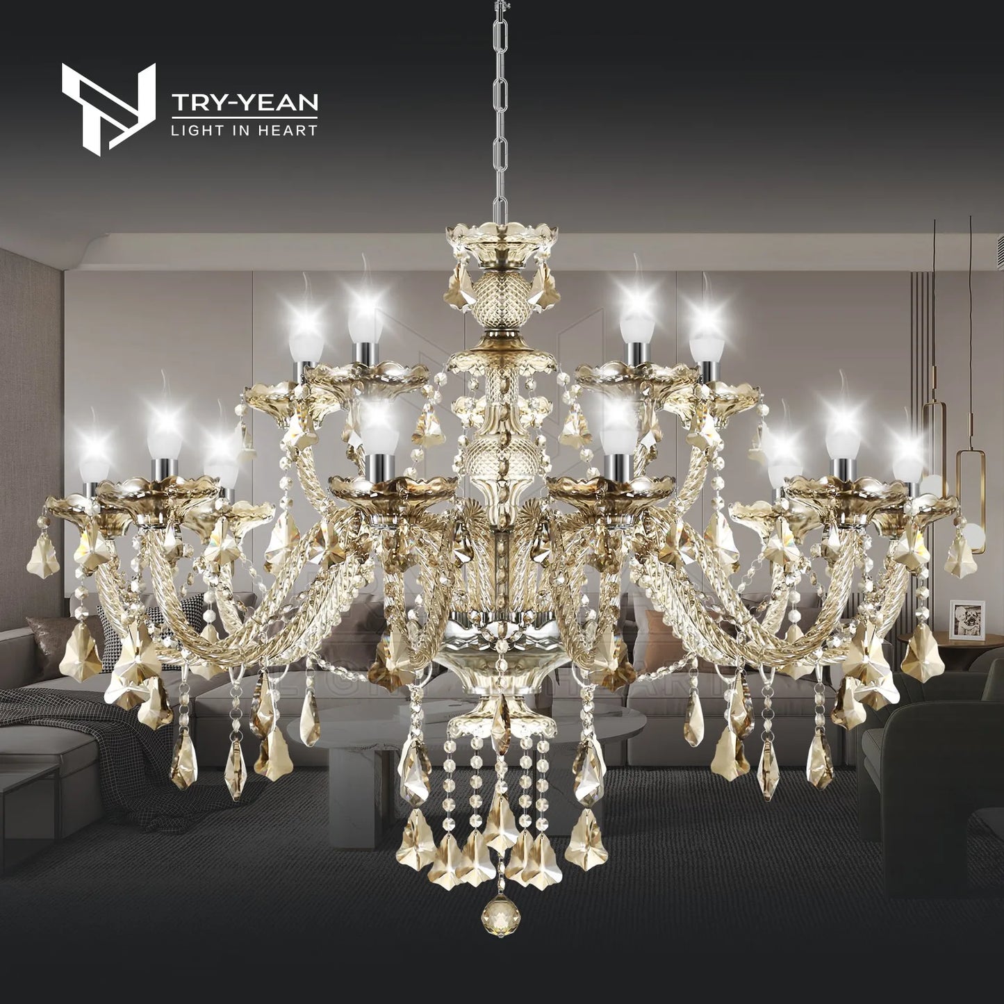 15 Arms Crystal Chandelier Pendant Lighting E14 Modern K9 Glass Fixture for Bedroom Living Room Corridor Hall