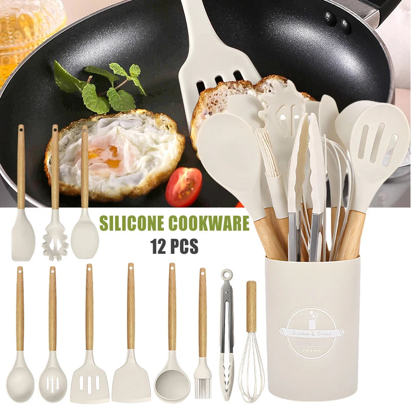12 Piece Silicone Kitchenware Cooking Utensils Set Non Stick Cookware Spatula Shovel Egg Beaters Baking Set with Storage Bucket