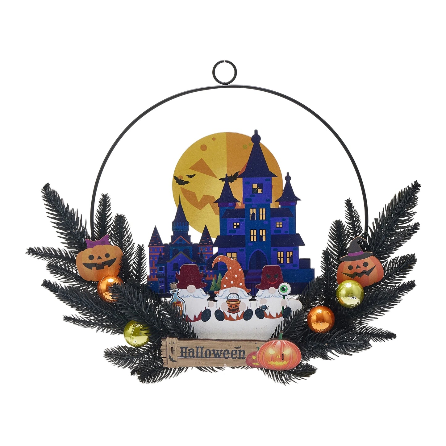 Spooky Halloween Hanging Sign with Glowing LED Lights Haunted House and Ghostly Pumpkin Design Perfect for Front Door Decoration