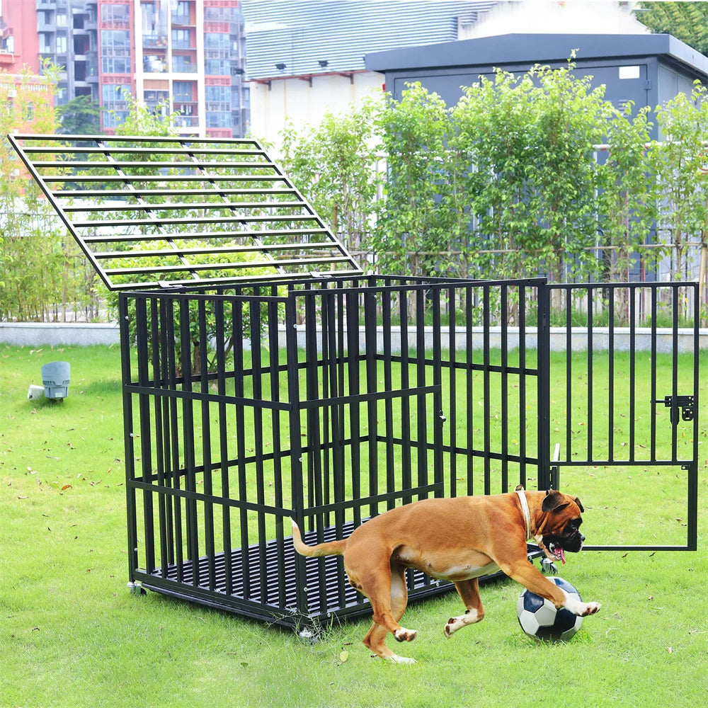 XXL Heavy Duty Dog Crate With Lockable Wheels And Tray Square Tube Metal Kennel